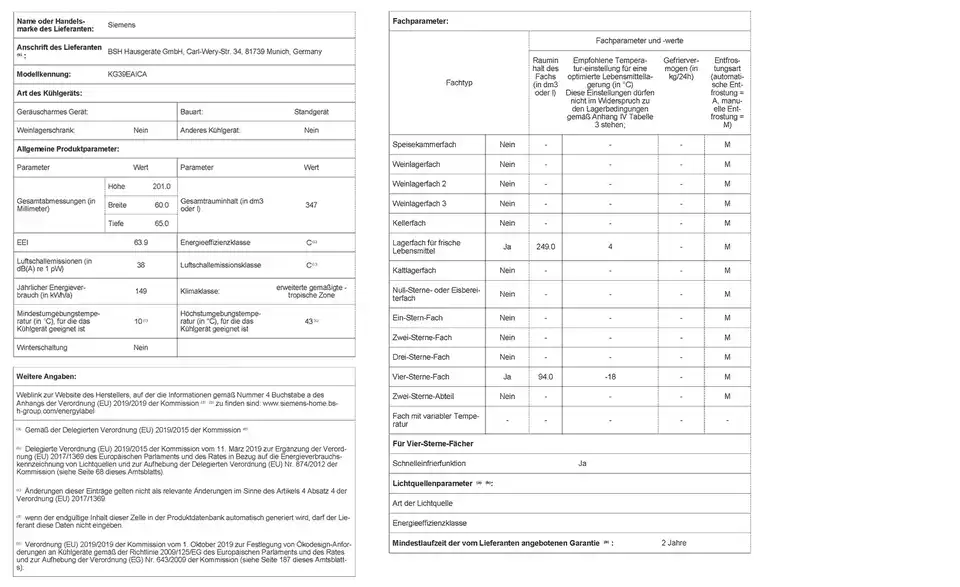 SIEMENS Kühl-Gefrier-Kombination KG39EAICA BHT 60|201|65 cm