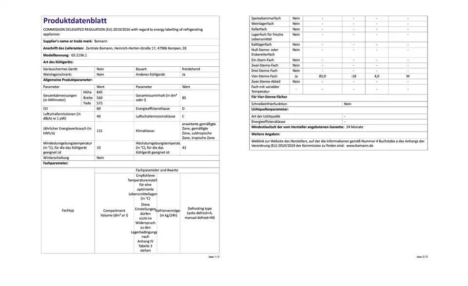 Bomann Gefrierschrank GS 2196.1 BHT 55,5|84,5|57,5 cm
