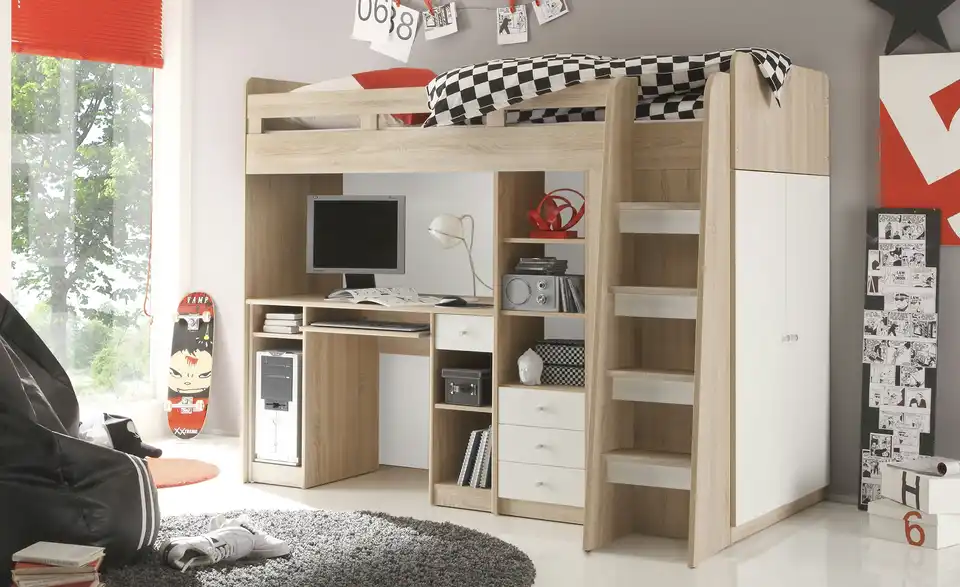 Hochbett mit Kleiderschrank und Schreibtisch Unit BHL 204|160|124 cm