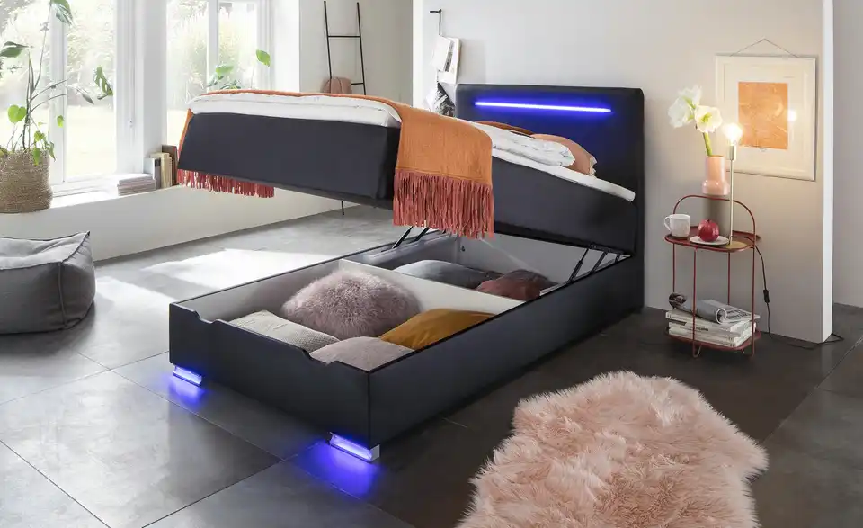 Boxspringbett mit LED-Beleuchtung, Lederoptik, 120/200 cm Knight BHL 123|110|208,5 cm