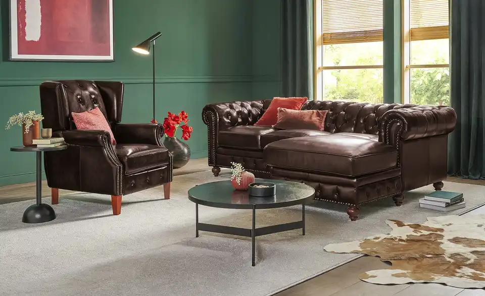 uno Ecksofa Bezug aus Echtleder Chesterfield Leder