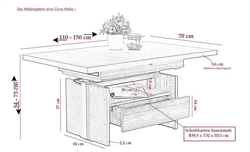 Funktionscouchtisch Pantelleria BHL 70|73|150 cm