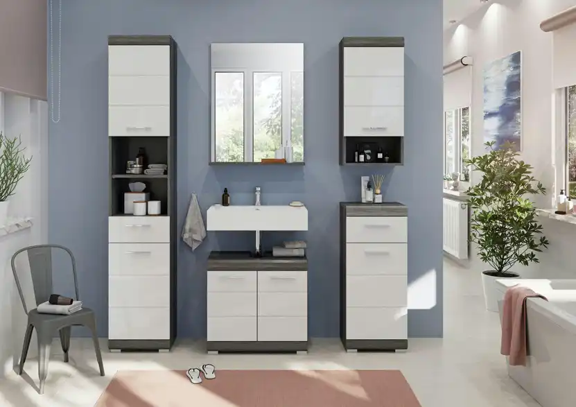 Badmöbel-Set SCHLOONSEE, 5 teilig, bestehend aus: Hochschrank, WBU, Spiegel, Unterschrank, Hängeschrank Schloonsee BHL 164|191|34 cm