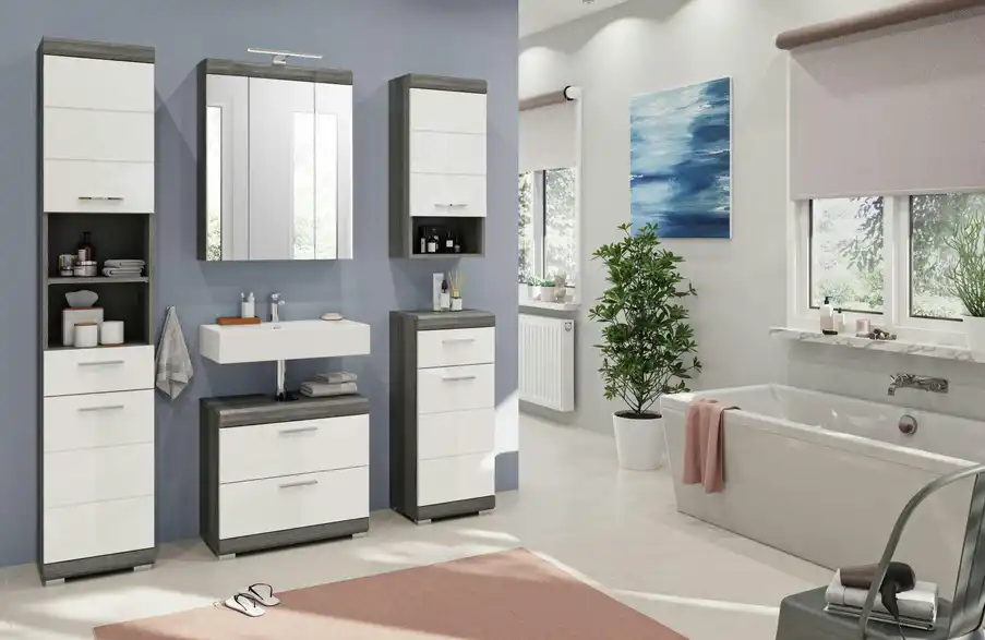 Badmöbel-Set SCHLOONSEE, 5 teilig, inklusive LED Beleuchtung, bestehend aus: Hochschrank, WBU, Spiegelschrank, Unterschrank, Hängeschrank Schloonsee BHL 164|191|34 cm