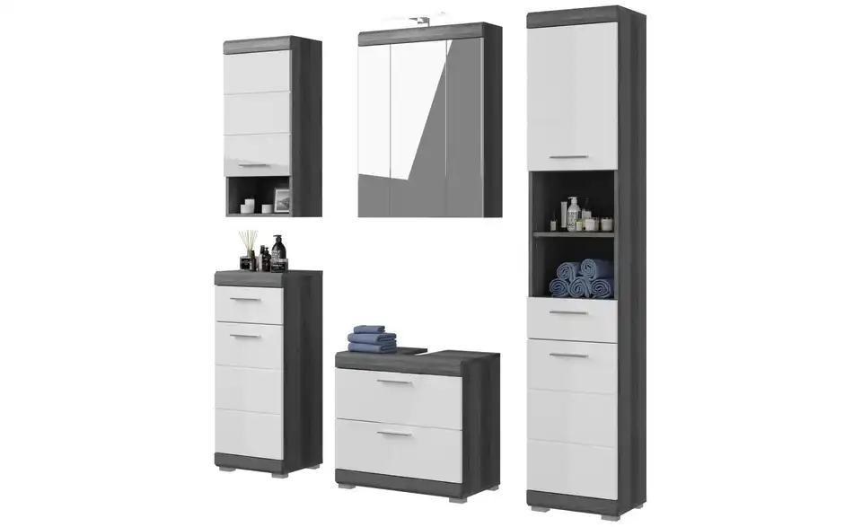 Badmöbel-Set SCHLOONSEE, 5 teilig, inklusive LED Beleuchtung, bestehend aus: Hochschrank, WBU, Spiegelschrank, Unterschrank, Hängeschrank Schloonsee BHL 164|191|34 cm
