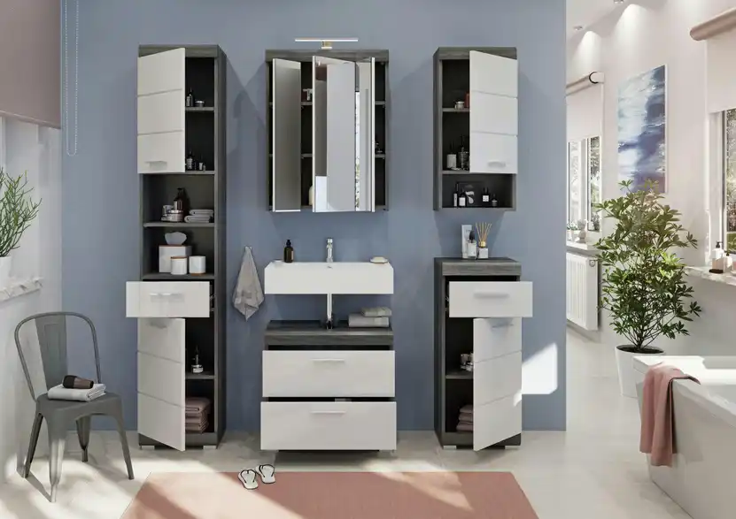 Badmöbel-Set SCHLOONSEE, 5 teilig, inklusive LED Beleuchtung, bestehend aus: Hochschrank, WBU, Spiegelschrank, Unterschrank, Hängeschrank Schloonsee BHL 164|191|34 cm