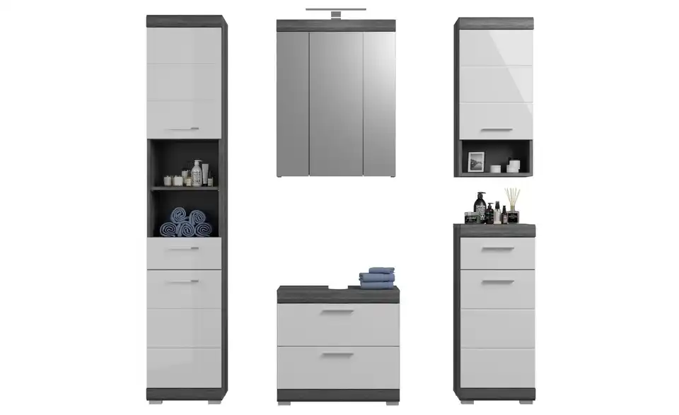 Badmöbel-Set SCHLOONSEE, 5 teilig, inklusive LED Beleuchtung, bestehend aus: Hochschrank, WBU, Spiegelschrank, Unterschrank, Hängeschrank Schloonsee BHL 164|191|34 cm