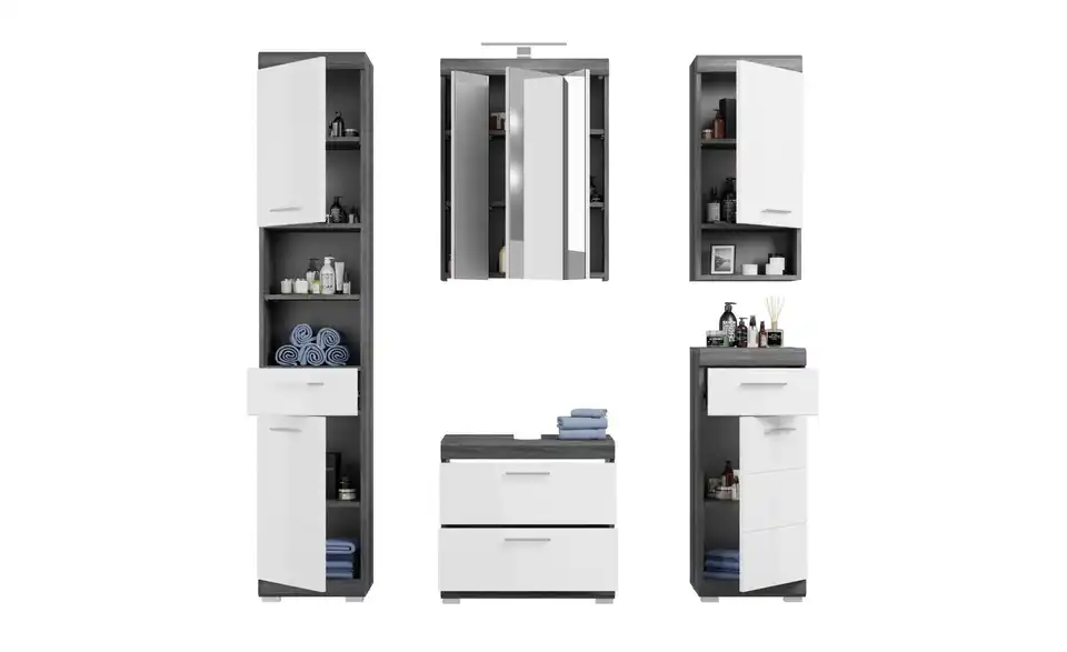 Badmöbel-Set SCHLOONSEE, 5 teilig, inklusive LED Beleuchtung, bestehend aus: Hochschrank, WBU, Spiegelschrank, Unterschrank, Hängeschrank Schloonsee BHL 164|191|34 cm