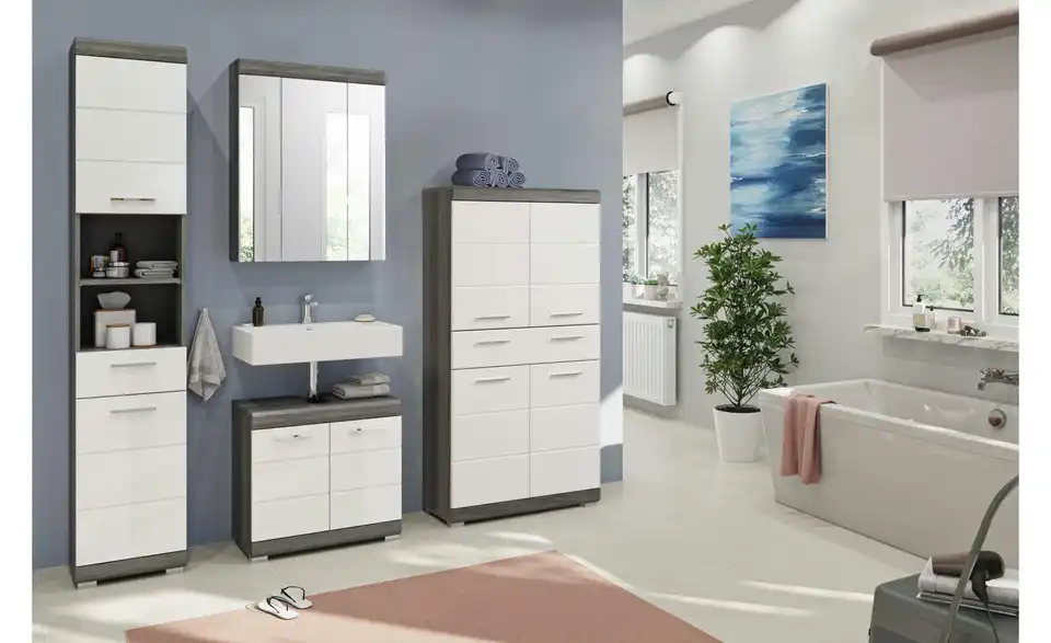 Badmöbel-Set SCHLOONSEE, 4 teilig, bestehend aus: Hochschrank, Waschbeckenunterschrank, Spiegelschrank, Midischrank Schloonsee BHL 186|191|34 cm