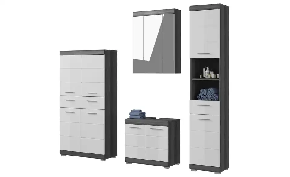 Badmöbel-Set SCHLOONSEE, 4 teilig, bestehend aus: Hochschrank, Waschbeckenunterschrank, Spiegelschrank, Midischrank Schloonsee BHL 186|191|34 cm