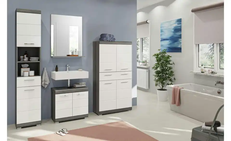 Badmöbel-Set SCHLOONSEE, 4 teilig, bestehend aus: Hochschrank, Waschbeckenunterschrank, Badspiegel, Midischrank Schloonsee BHL 186|191|34 cm