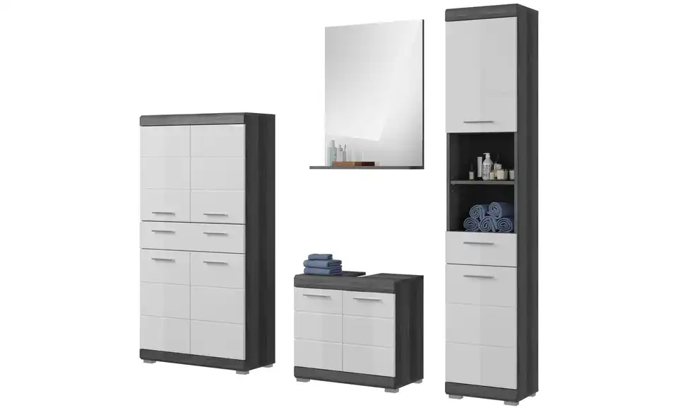 Badmöbel-Set SCHLOONSEE, 4 teilig, bestehend aus: Hochschrank, Waschbeckenunterschrank, Badspiegel, Midischrank Schloonsee BHL 186|191|34 cm