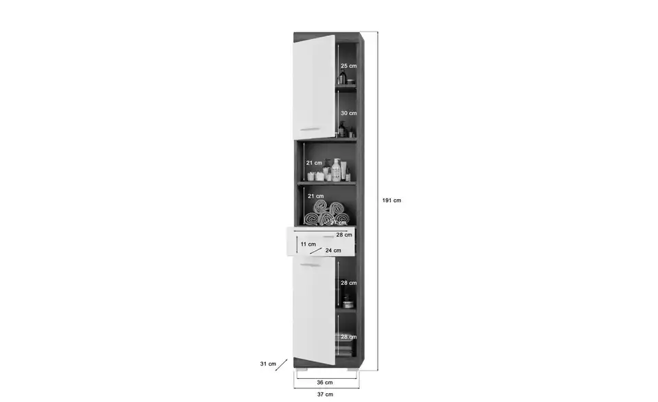 Badmöbel-Set SCHLOONSEE, 4 teilig, bestehend aus: Hochschrank, Waschbeckenunterschrank, Badspiegel, Midischrank Schloonsee BHL 186|191|34 cm