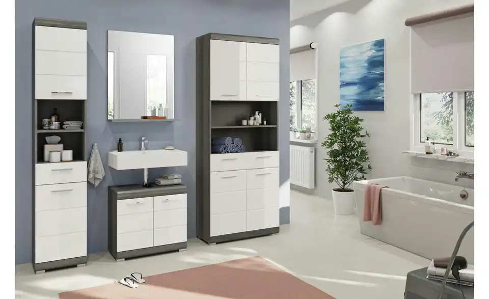 Badmöbel-Set SCHLOONSEE, 4 teilig, bestehend aus: Hochschrank, Waschbeckenunterschrank, Badspiegel, Hochschrank breit Schloonsee BHL 186|191|34 cm