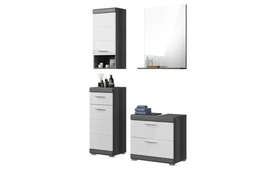 Badmöbel-Set SCHLOONSEE, 4 teilig, bestehend aus: Waschbeckenunterschrank, Spiegel, Unterschrank, Hängeschrank Schloonsee BHL 112|191|34 cm