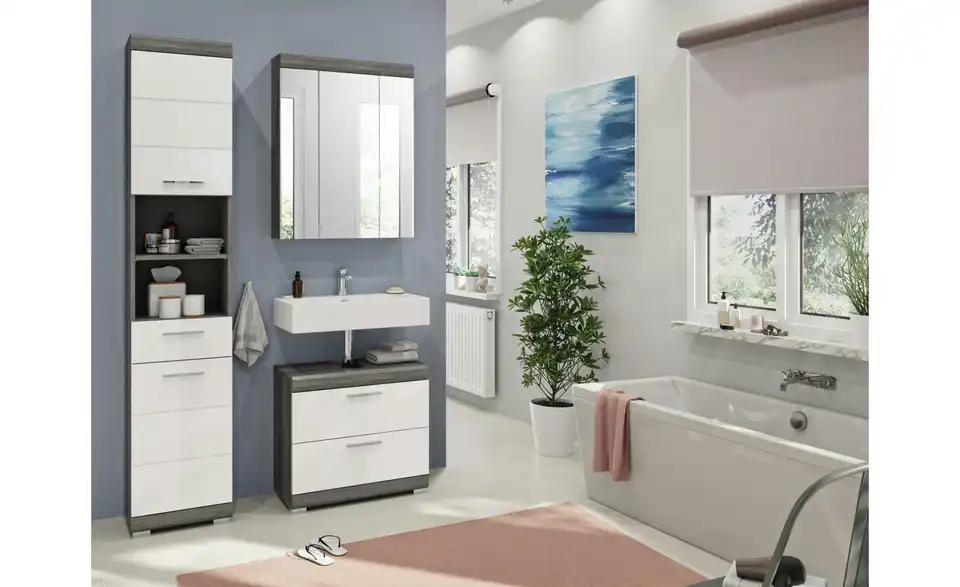 Badmöbel-Set SCHLOONSEE, 3 teilig, bestehend aus: Hochschrank, Waschbeckenunterschrank, Spiegelschrank, Hochschrank, Waschbeckenunterschrank, Spiegelschrank Schloonsee BHL 112|191|34 cm