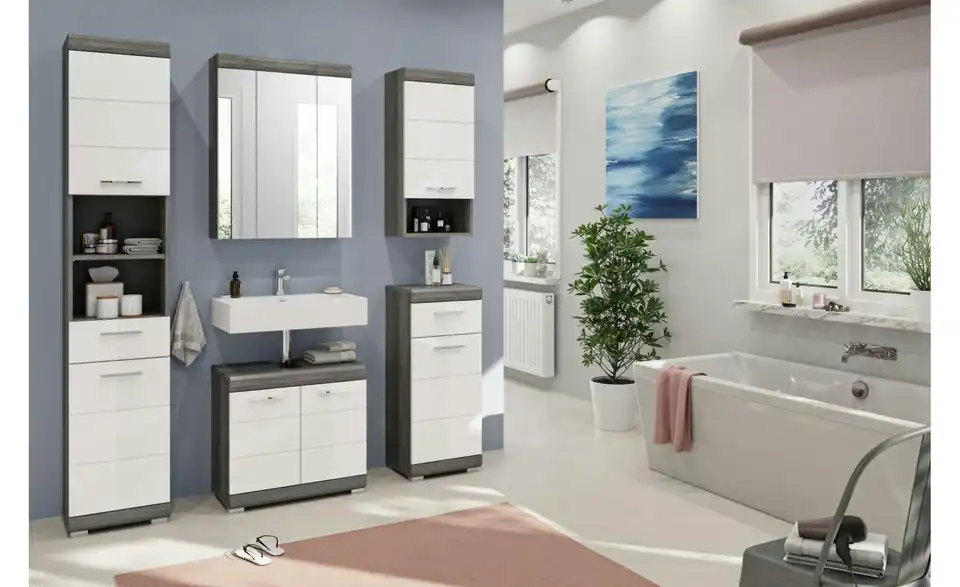 Badmöbel-Set SCHLOONSEE, 5 teilig, bestehend aus: Hochschrank, WBU, Spiegelschrank, Unterschrank, Hängeschrank Schloonsee BHL 164|191|34 cm