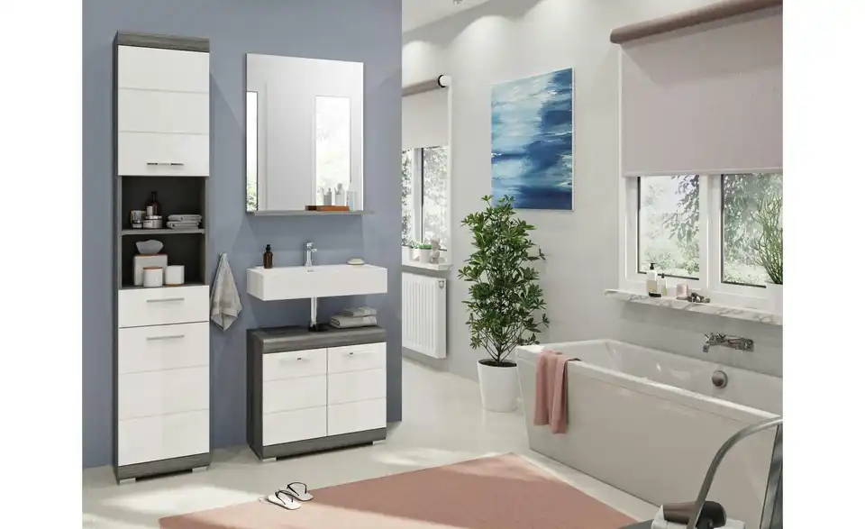 Badmöbel-Set SCHLOONSEE, 3 teilig, bestehend aus: Hochschrank, Waschbeckenunterschrank, Spiegel Schloonsee BHL 112|191|34 cm