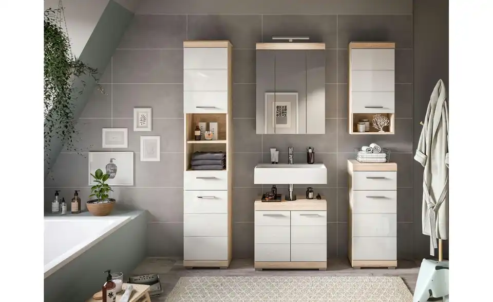 Badmöbel-Set SCHLOONSEE, 5 teilig, bestehend aus: Hochschrank, WBU, Spiegelschrank, Unterschrank, Hängeschrank Schloonsee BHL 164|191|164 cm