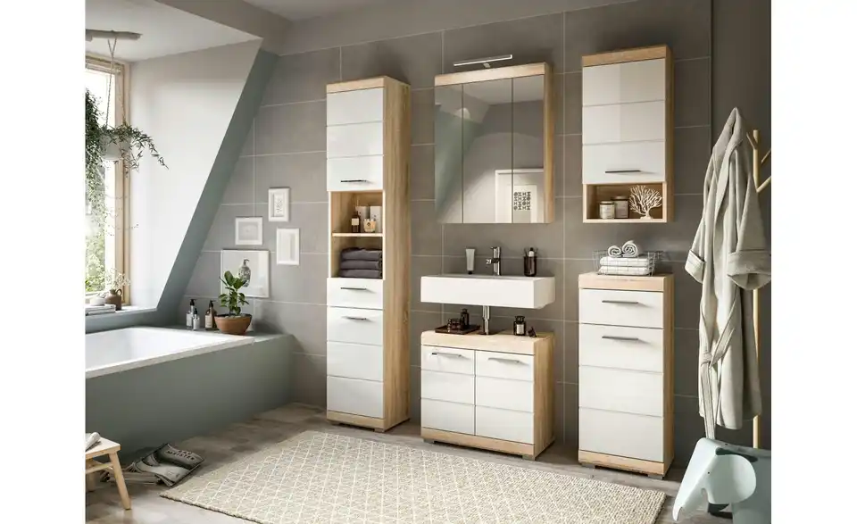 Badmöbel-Set SCHLOONSEE, 2 tlg., bestehend aus: Waschbeckenunterschrank, Spiegelschrank, in verschiedenen Farben erhältlich, Badmöbel, Kombination, Badezimmer Schloonsee BHL 60|191|60 cm