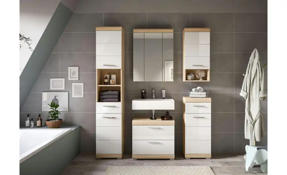 Badmöbel-Set SCHLOONSEE, 5 teilig, bestehend aus: Hochschrank, WBU, Spiegelschrank, Unterschrank, Hängeschrank Schloonsee BHL 164|191|34 cm