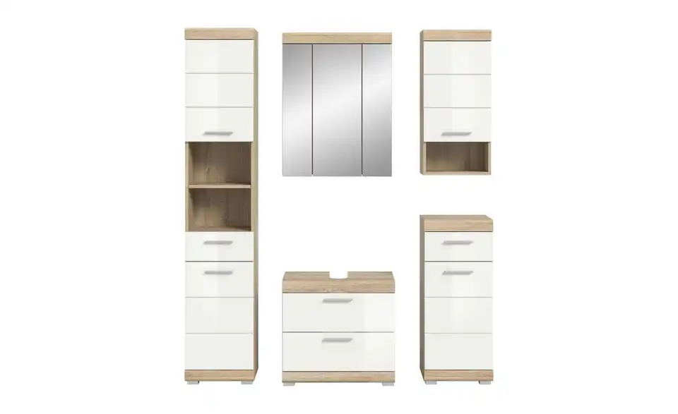 Badmöbel-Set SCHLOONSEE, 5 teilig, bestehend aus: Hochschrank, WBU, Spiegelschrank, Unterschrank, Hängeschrank Schloonsee BHL 164|191|34 cm