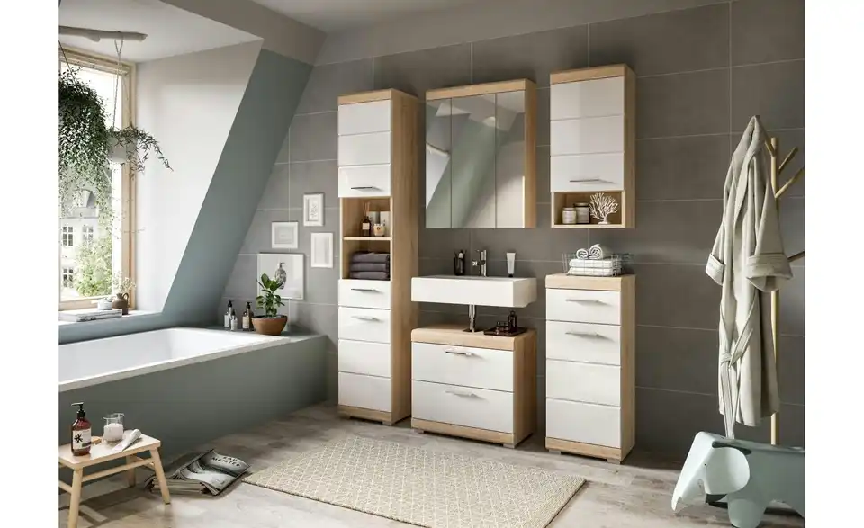 Badmöbel-Set SCHLOONSEE, 5 teilig, bestehend aus: Hochschrank, WBU, Spiegelschrank, Unterschrank, Hängeschrank Schloonsee BHL 164|191|34 cm