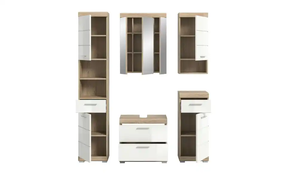 Badmöbel-Set SCHLOONSEE, 5 teilig, bestehend aus: Hochschrank, WBU, Spiegelschrank, Unterschrank, Hängeschrank Schloonsee BHL 164|191|34 cm