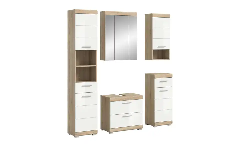 Badmöbel-Set SCHLOONSEE, 5 teilig, bestehend aus: Hochschrank, WBU, Spiegelschrank, Unterschrank, Hängeschrank Schloonsee BHL 164|191|34 cm