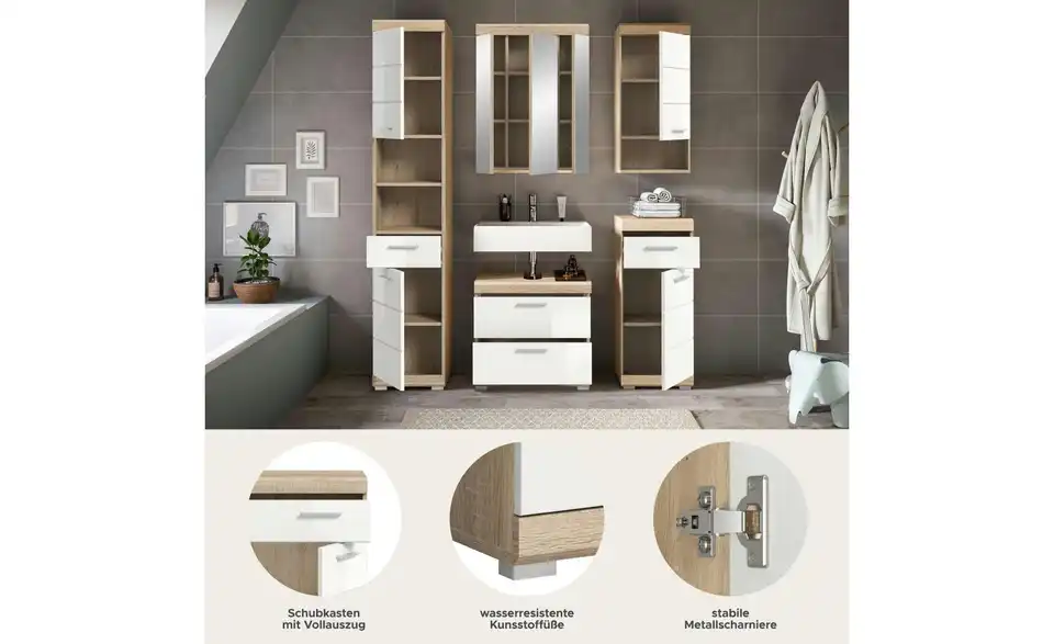 Badmöbel-Set SCHLOONSEE, 5 teilig, bestehend aus: Hochschrank, WBU, Spiegelschrank, Unterschrank, Hängeschrank Schloonsee BHL 164|191|34 cm