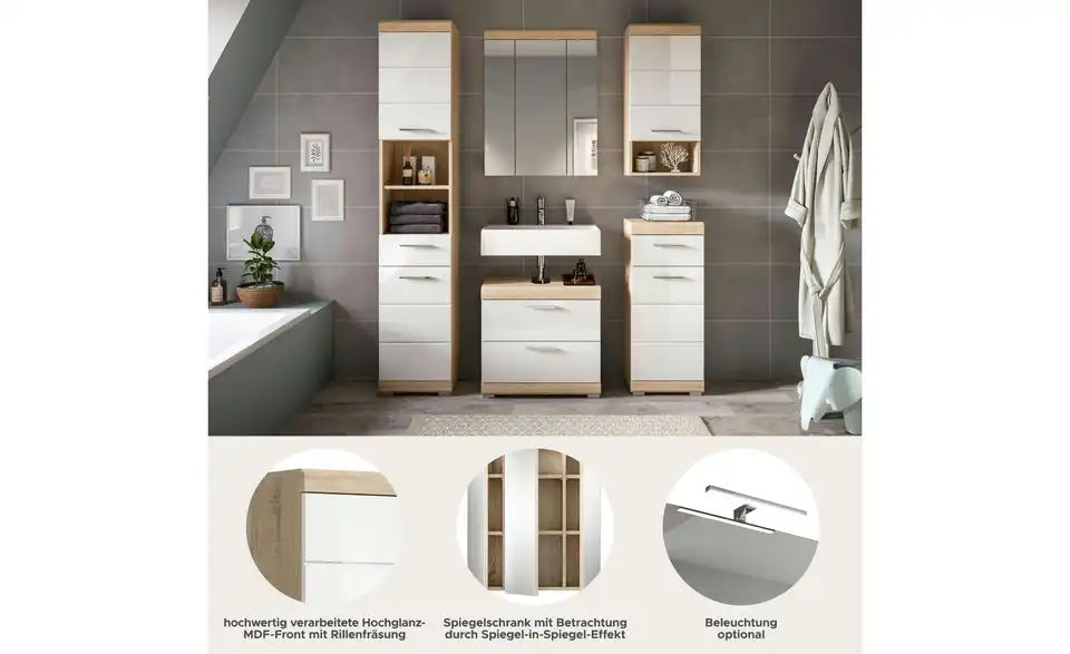 Badmöbel-Set SCHLOONSEE, 5 teilig, bestehend aus: Hochschrank, WBU, Spiegelschrank, Unterschrank, Hängeschrank Schloonsee BHL 164|191|34 cm