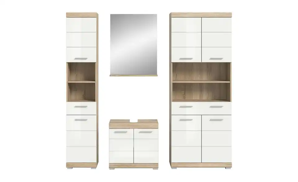 Badmöbel-Set SCHLOONSEE, 4 teilig, bestehend aus: Hochschrank, Waschbeckenunterschrank, Badspiegel, Hochschrank breit Schloonsee BHL 186|191|34 cm