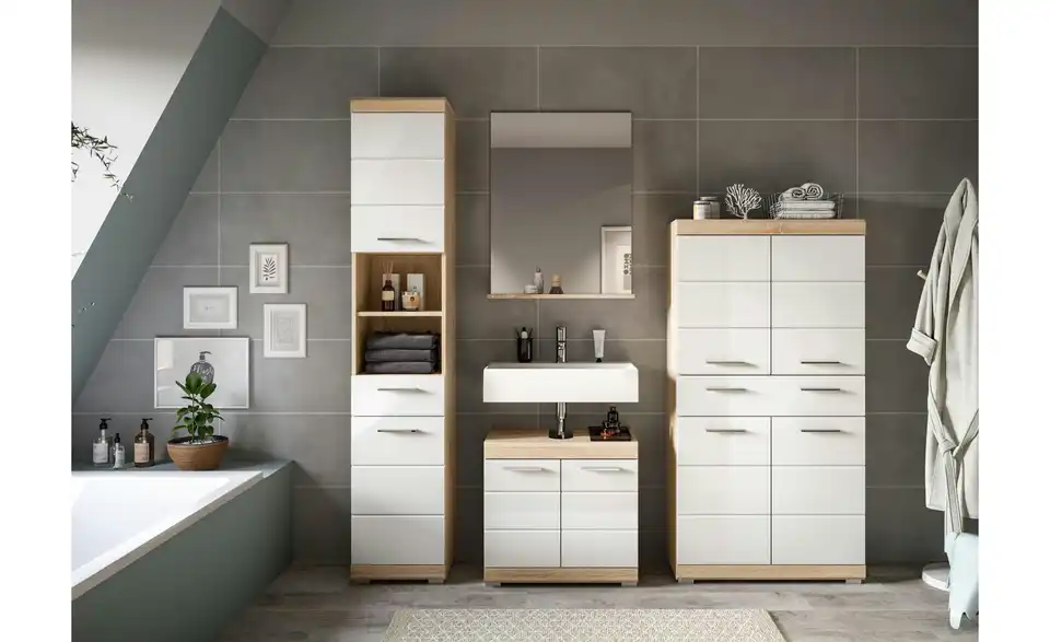 Badmöbel-Set SCHLOONSEE, 4 teilig, bestehend aus: Hochschrank, Waschbeckenunterschrank, Badspiegel, Hochschrank breit Schloonsee BHL 186|191|34 cm