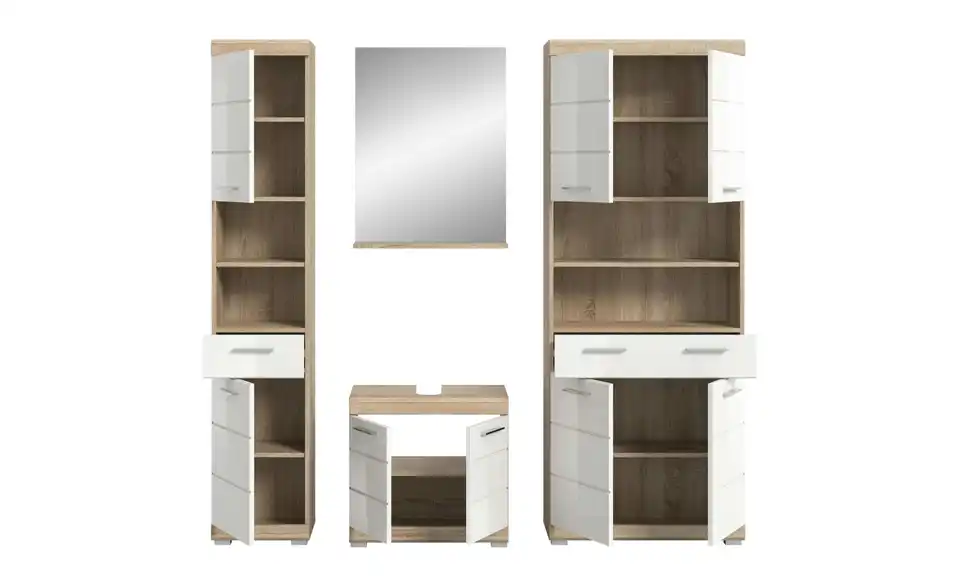 Badmöbel-Set SCHLOONSEE, 4 teilig, bestehend aus: Hochschrank, Waschbeckenunterschrank, Badspiegel, Hochschrank breit Schloonsee BHL 186|191|34 cm