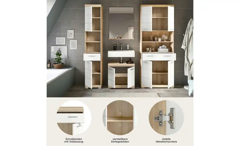 Badmöbel-Set SCHLOONSEE, 4 teilig, bestehend aus: Hochschrank, Waschbeckenunterschrank, Badspiegel, Hochschrank breit Schloonsee BHL 186|191|34 cm