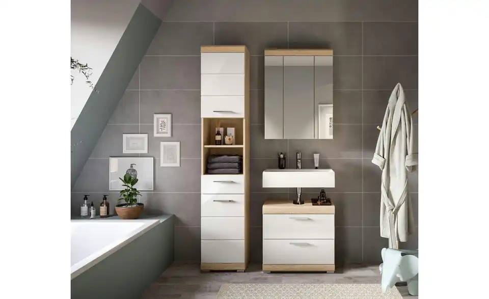 Badmöbel-Set SCHLOONSEE, 3 teilig, bestehend aus: Hochschrank, Waschbeckenunterschrank, Spiegelschrank, Hochschrank, Waschbeckenunterschrank, Spiegelschrank Schloonsee BHL 112|191|34 cm