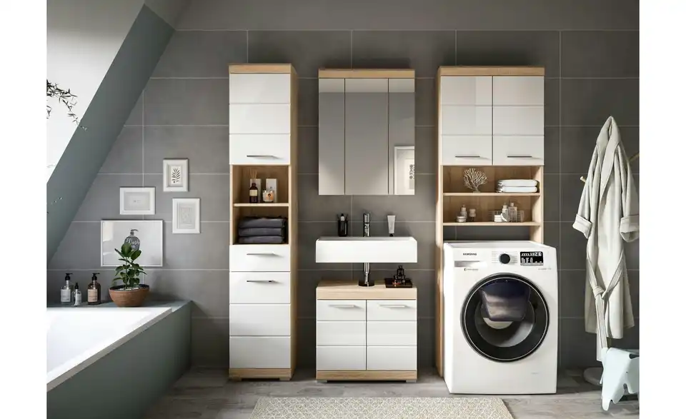 Badmöbel-Set SCHLOONSEE, 4 teilig, bestehend aus: Hochschrank, WBU, Spiegelschrank, Waschmaschinenumbauschrank Schloonsee BHL 190|191|34 cm