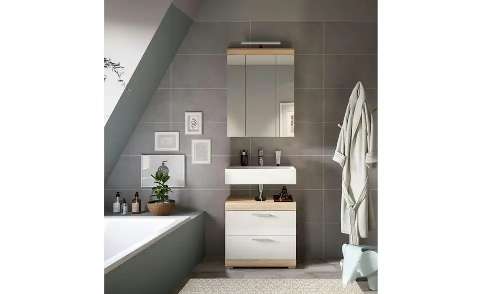 Badmöbel-Set SCHLOONSEE, 2 teilig, inklusive LED Beleuchtung, bestehend aus: Waschbeckenunterschrank, Spiegelschrank, LED Badaufsatzleuchte Schloonsee BHL 60|191|34 cm