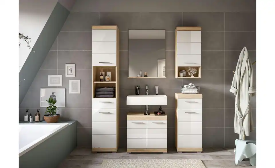 Badmöbel-Set SCHLOONSEE, 5 teilig, bestehend aus: Hochschrank, WBU, Spiegel, Unterschrank, Hängeschrank Schloonsee BHL 164|191|34 cm