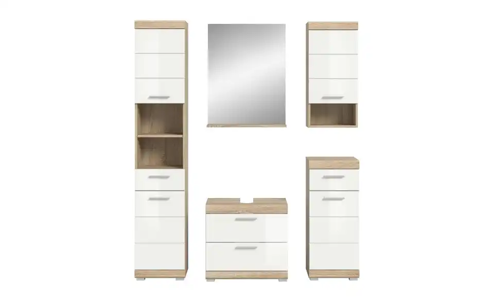 Badmöbel-Set SCHLOONSEE, 5 teilig, bestehend aus: Hochschrank, WBU, Spiegel, Unterschrank, Hängeschrank Schloonsee BHL 164|191|34 cm