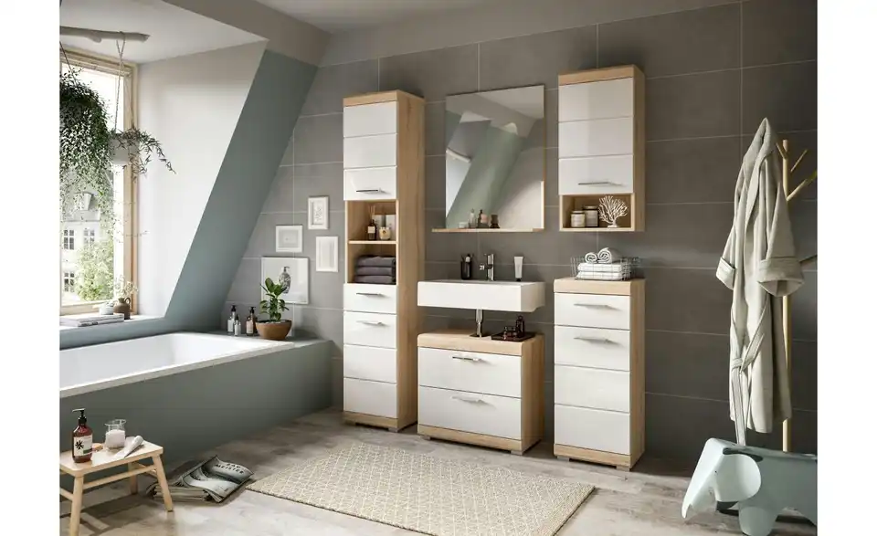 Badmöbel-Set SCHLOONSEE, 5 teilig, bestehend aus: Hochschrank, WBU, Spiegel, Unterschrank, Hängeschrank Schloonsee BHL 164|191|34 cm