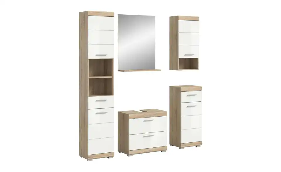 Badmöbel-Set SCHLOONSEE, 5 teilig, bestehend aus: Hochschrank, WBU, Spiegel, Unterschrank, Hängeschrank Schloonsee BHL 164|191|34 cm