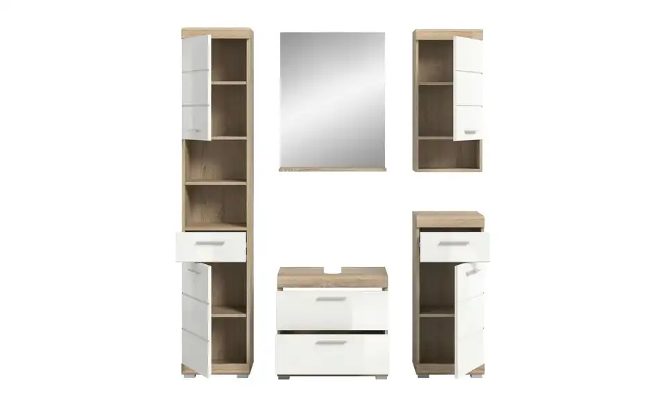 Badmöbel-Set SCHLOONSEE, 5 teilig, bestehend aus: Hochschrank, WBU, Spiegel, Unterschrank, Hängeschrank Schloonsee BHL 164|191|34 cm