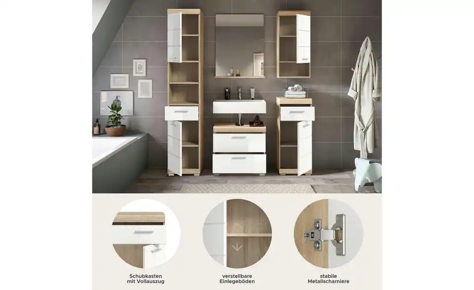 Badmöbel-Set SCHLOONSEE, 5 teilig, bestehend aus: Hochschrank, WBU, Spiegel, Unterschrank, Hängeschrank Schloonsee BHL 164|191|34 cm