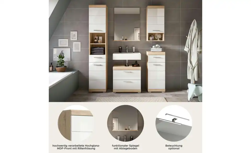 Badmöbel-Set SCHLOONSEE, 5 teilig, bestehend aus: Hochschrank, WBU, Spiegel, Unterschrank, Hängeschrank Schloonsee BHL 164|191|34 cm