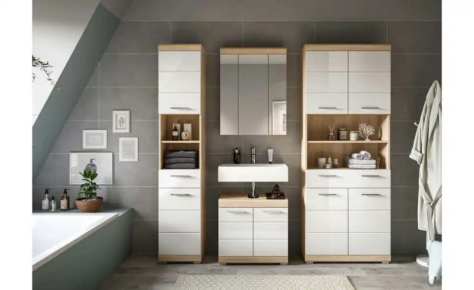 Badmöbel-Set SCHLOONSEE, 4 teilig, bestehend aus: Hochschrank schmal, WBU, Spiegelschrank, Hochschrank breit Schloonsee BHL 186|191|34 cm