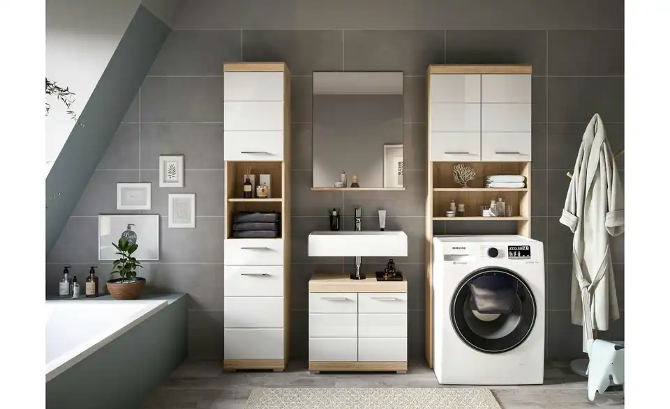 Badmöbel-Set SCHLOONSEE, 4 teilig, bestehend aus: Hochschrank, WBU, Badspiegel, Waschmaschinenumbauschrank Schloonsee BHL 190|191|34 cm
