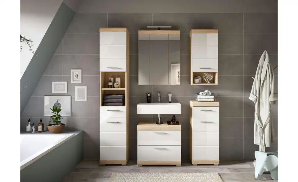 Badmöbel-Set SCHLOONSEE, 5 teilig, inklusive LED Beleuchtung, bestehend aus: Hochschrank, WBU, Spiegelschrank, Unterschrank, Hängeschrank Schloonsee BHL 164|191|34 cm