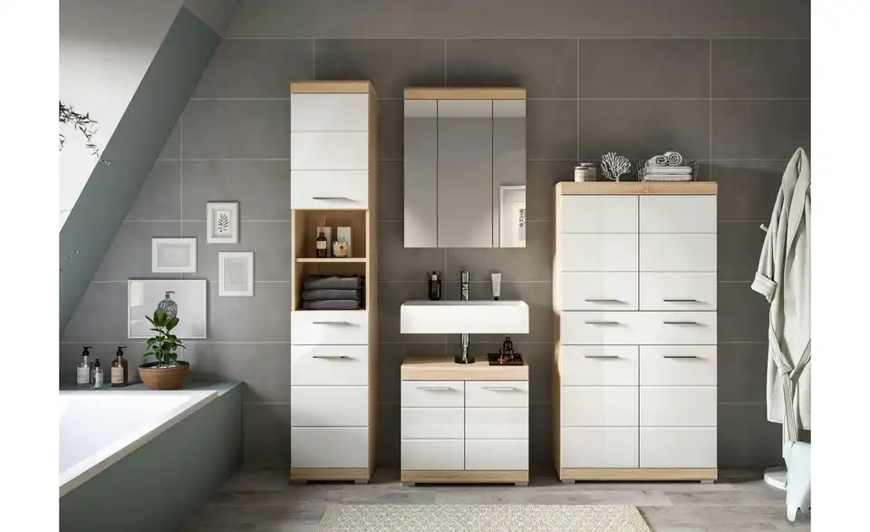 Badmöbel-Set SCHLOONSEE, 4 teilig, bestehend aus: Hochschrank, Waschbeckenunterschrank, Spiegelschrank, Midischrank Schloonsee BHL 186|191|34 cm