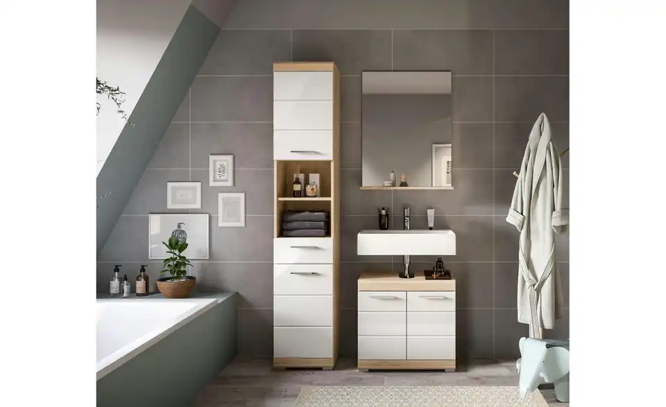Badmöbel-Set SCHLOONSEE, 3 teilig, bestehend aus: Hochschrank, Waschbeckenunterschrank, Spiegel Schloonsee BHL 112|191|34 cm